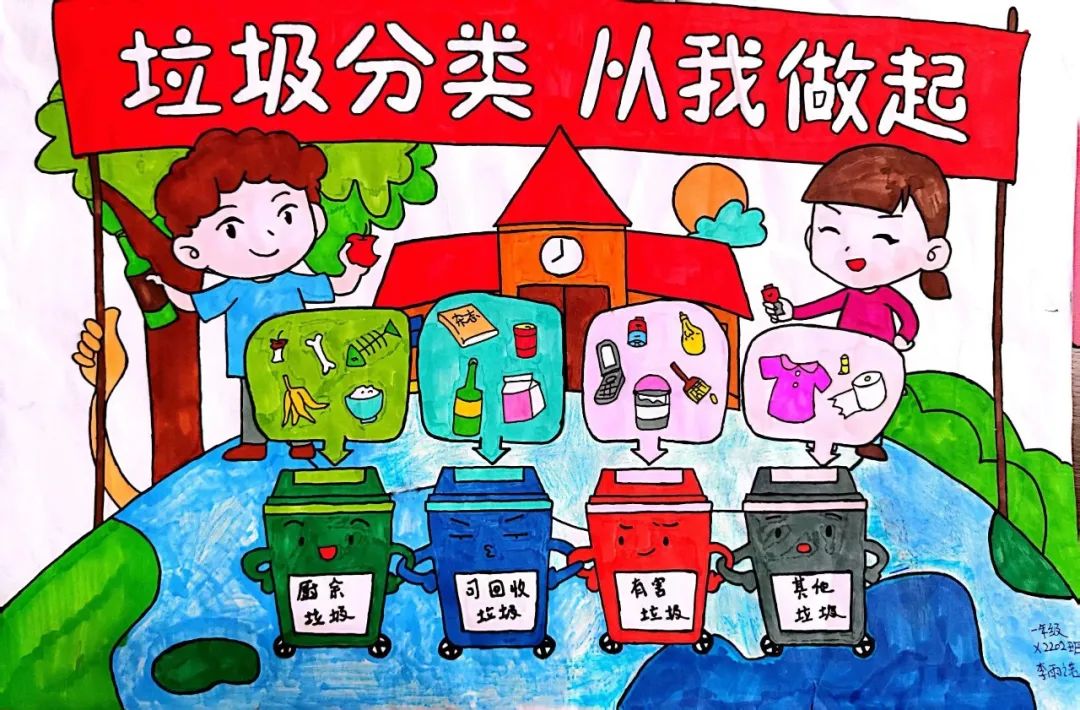 “提倡垃圾分类 为低碳生活增添色彩”垃圾分类知识科普儿童画图片
