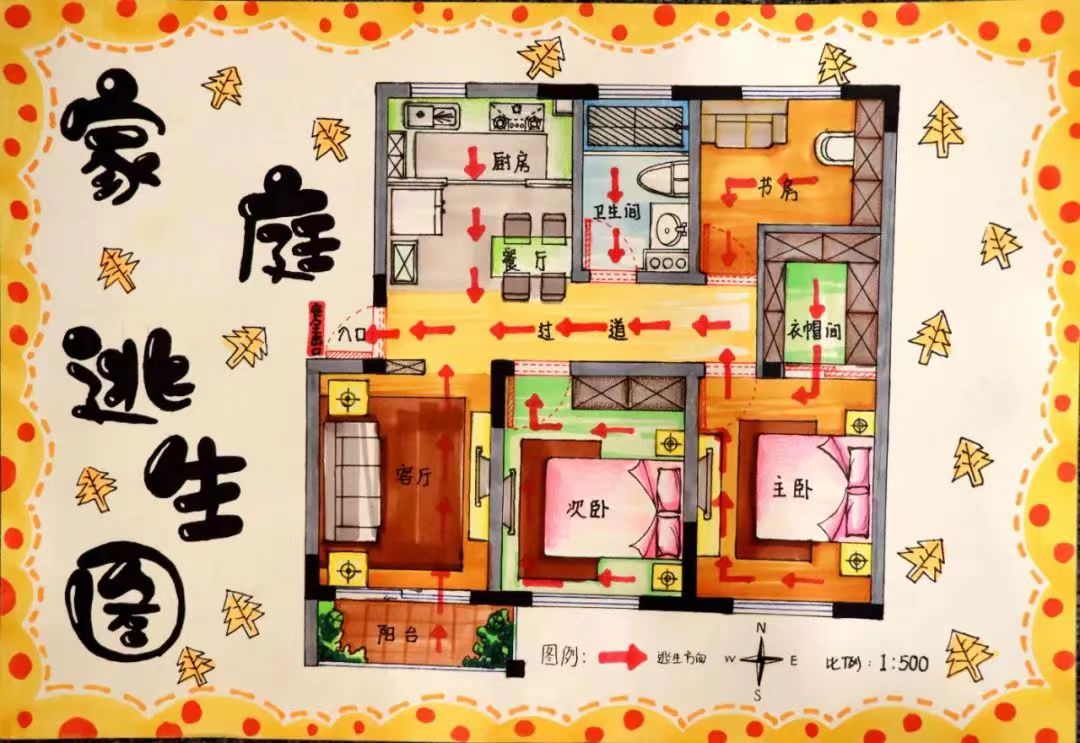 简单好看的“家庭火灾逃生线路图”儿童画
