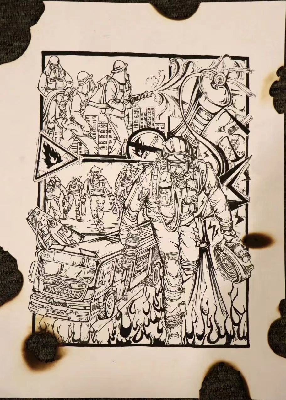“消防员救火英雄 最美逆行”儿童画分享（黑白）
