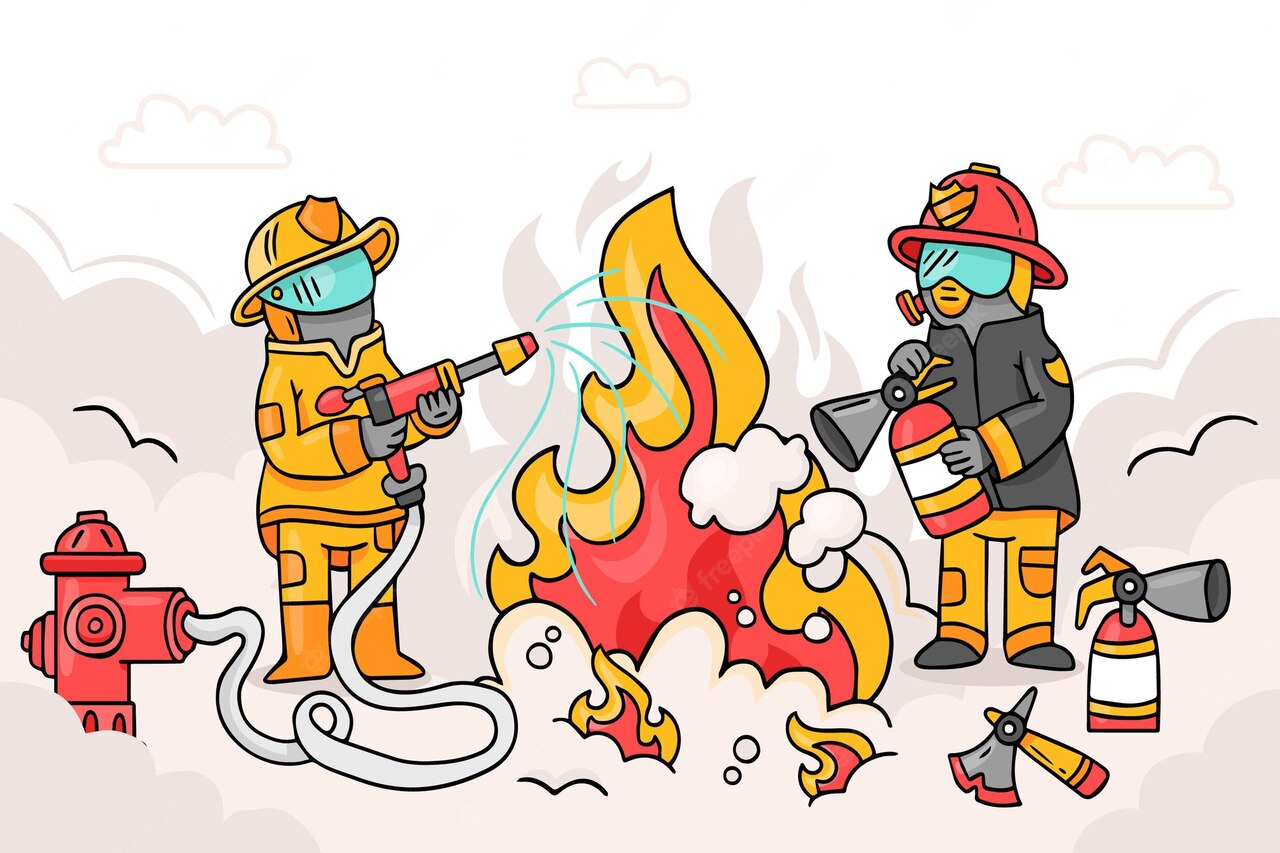 两位在灭火的消防员叔叔怎么画
