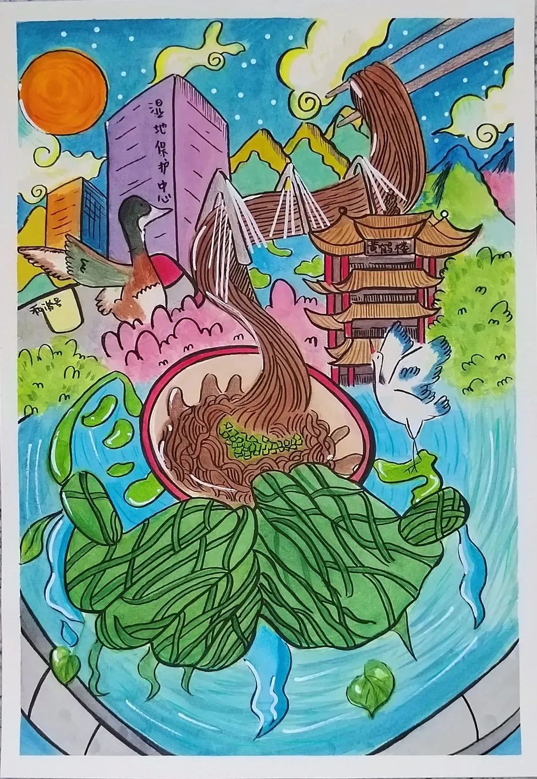 保护湿地生物多样性绘画