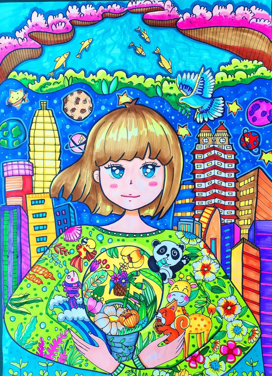 一张精美的“拥抱地球 保护环境”绘画作品