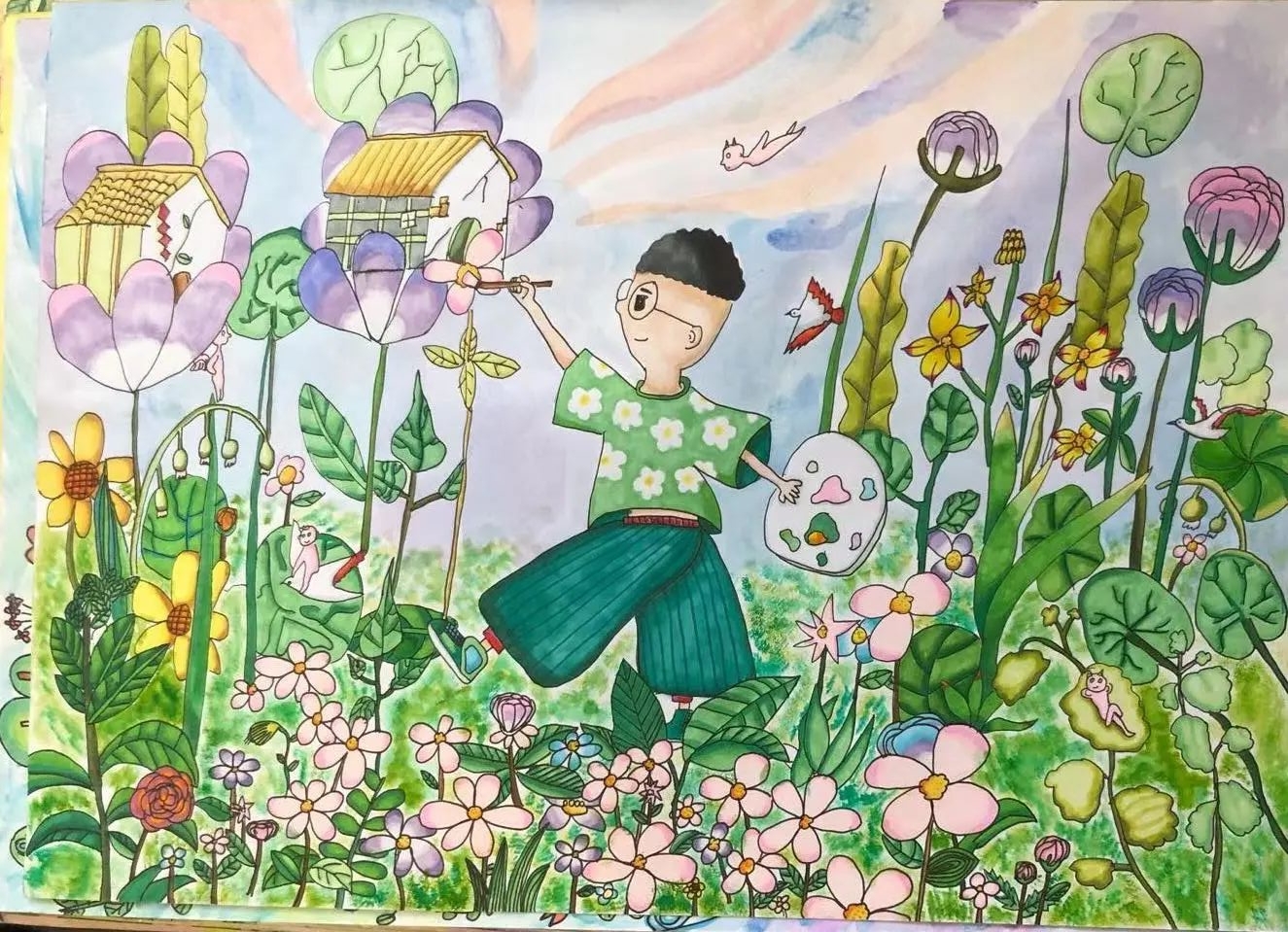 绿色清新的“童心绘画倡环保”主题绘画