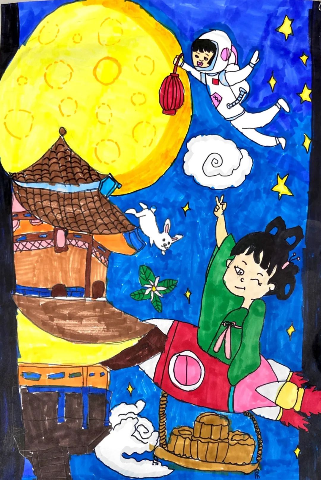 小学五年级中秋与航天相结合的创意绘画作品