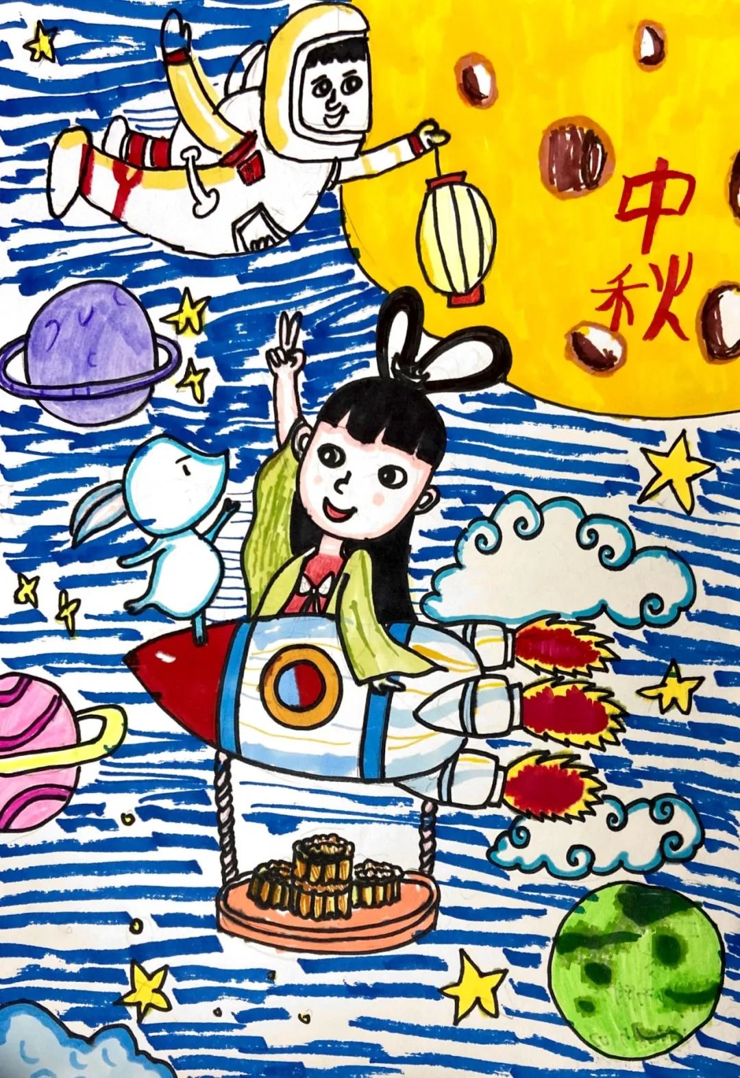 简单的中秋与航天相结合的一年级绘画
