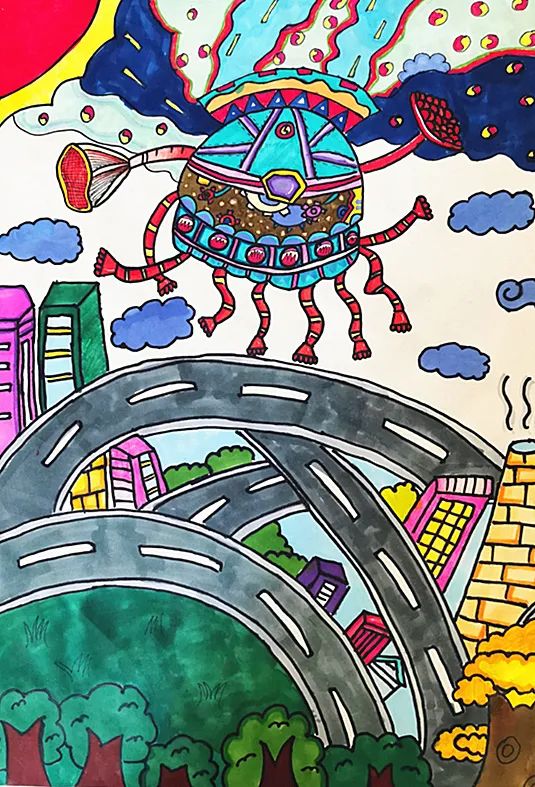 《未來交通》中学生环保科幻画作品欣赏