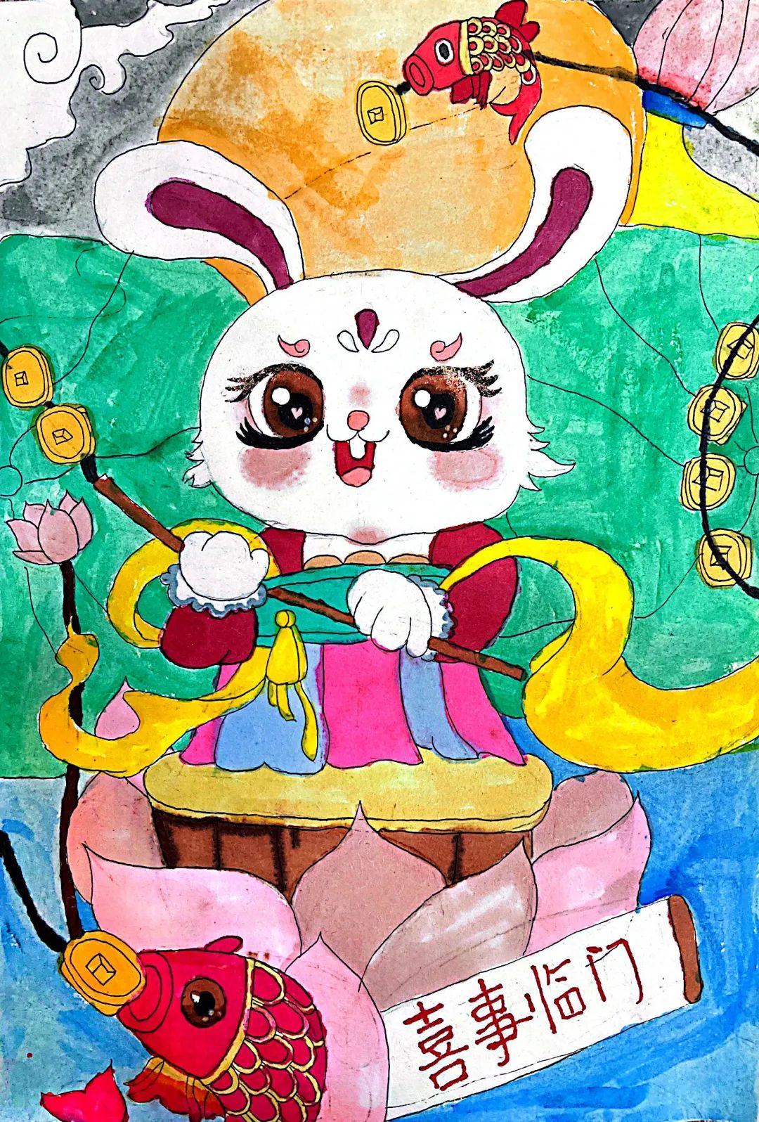 简单喜庆的兔年主题儿童绘画