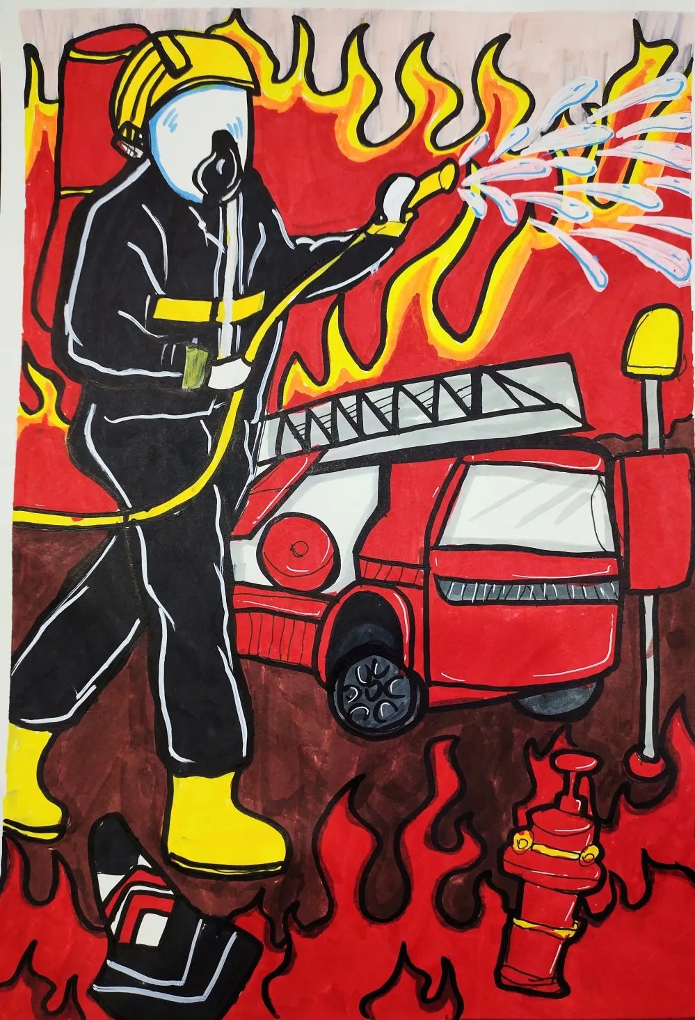 消防主题青少年绘画作品——《消防英雄》