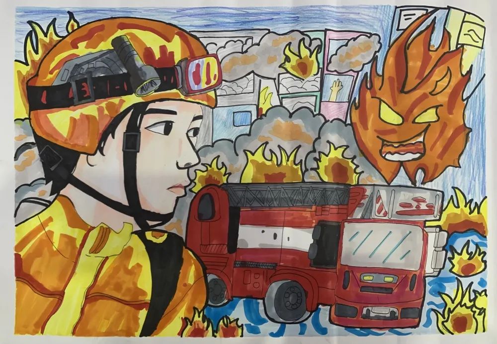致敬最美消防战士主题儿童画——《烈火英雄 逆向而行》