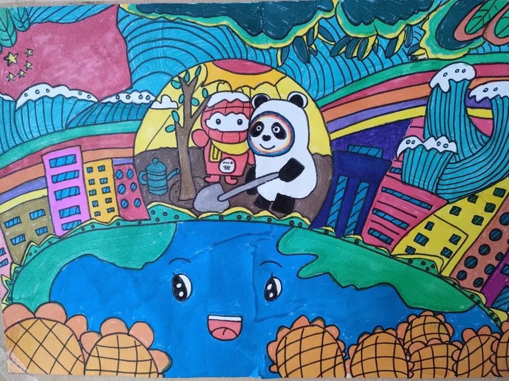 冬奥会与植树节相融合的绘画作品