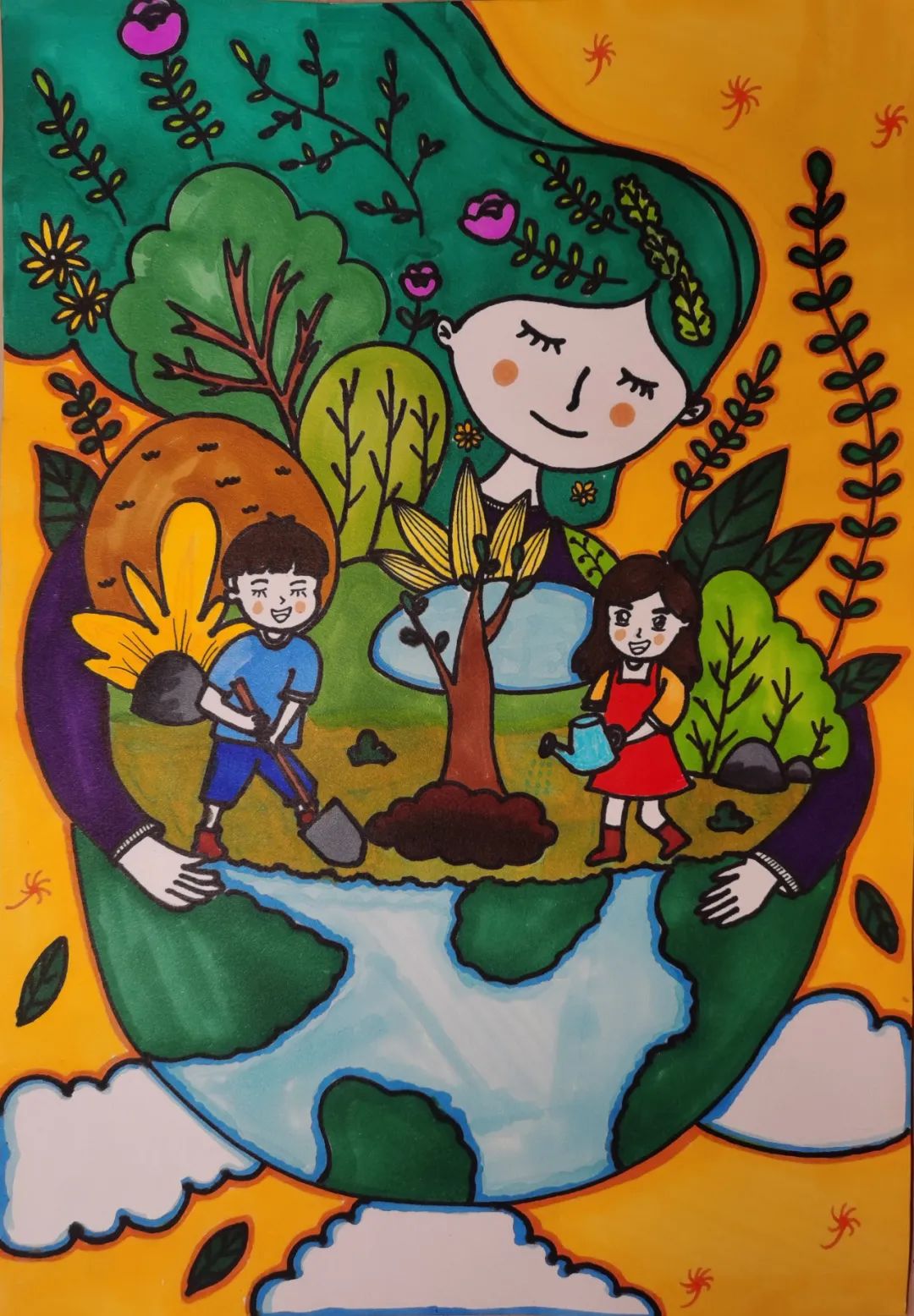 “植树造林 保护地球环境”小学生儿童绘画