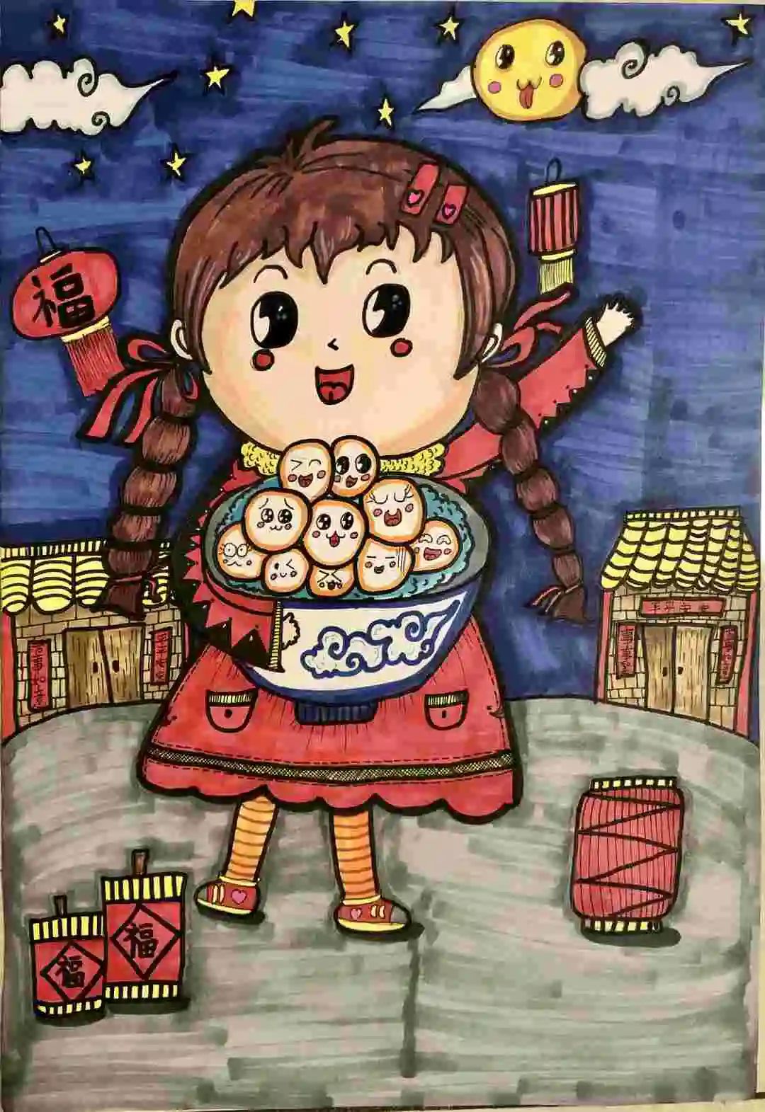 漂亮的小女孩吃汤圆儿童画