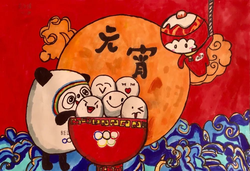 有冬奥会元素的元宵节主题画绘画