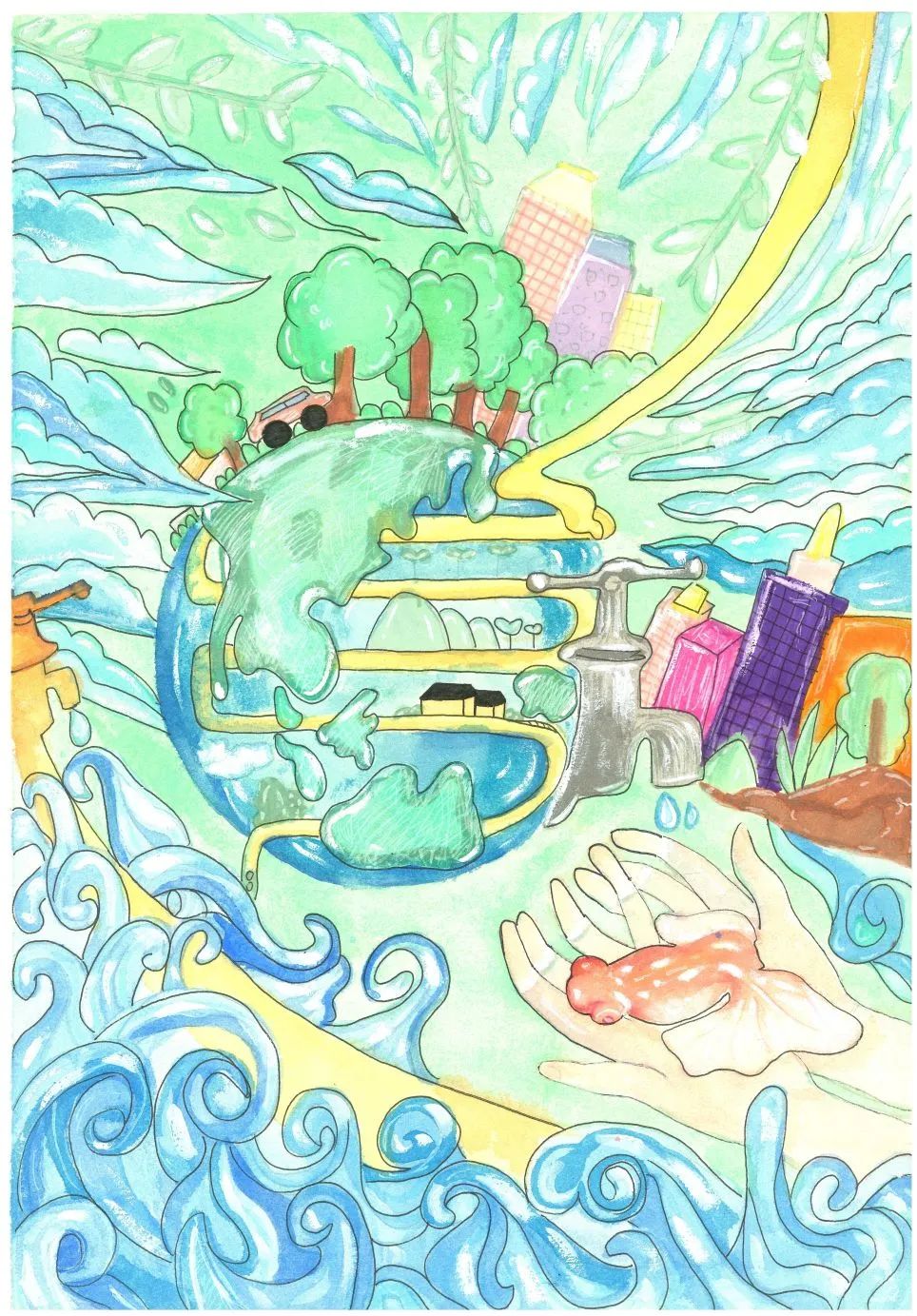 “节水护水 美丽的地球”儿童画画图片