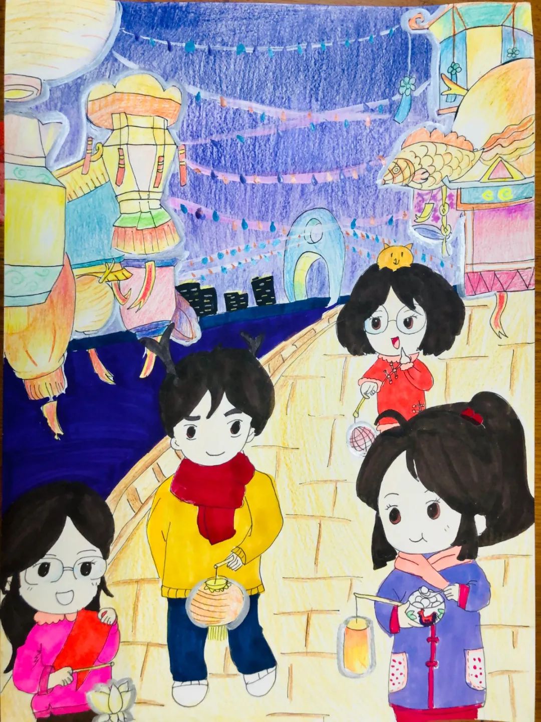 元宵节小孩挂灯笼绘画一等奖作品