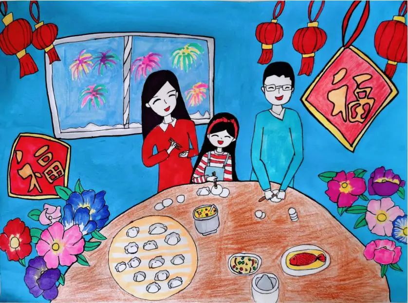 一家三口吃元宵的绘画作品