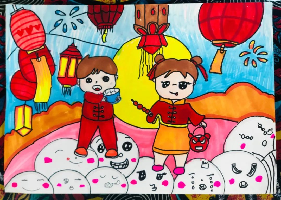 小学一年级新年主题画作品——《欢乐中国年》