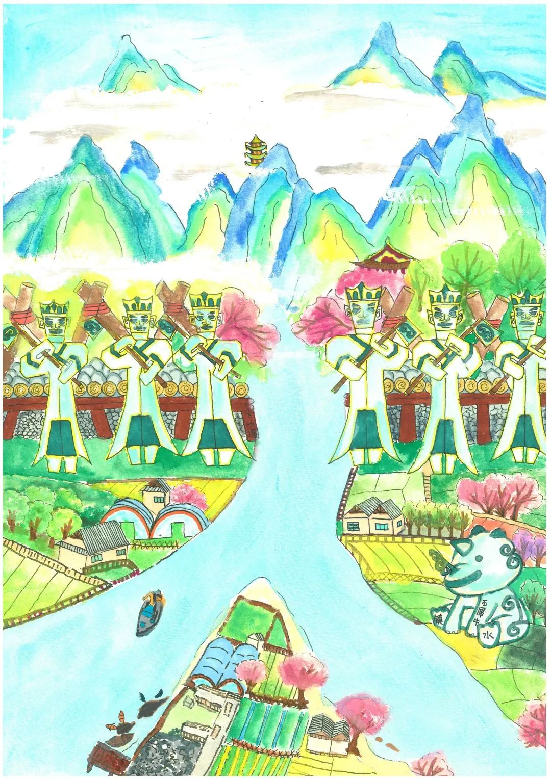 简单漂亮的小学生绘画作品——《青山绿水》