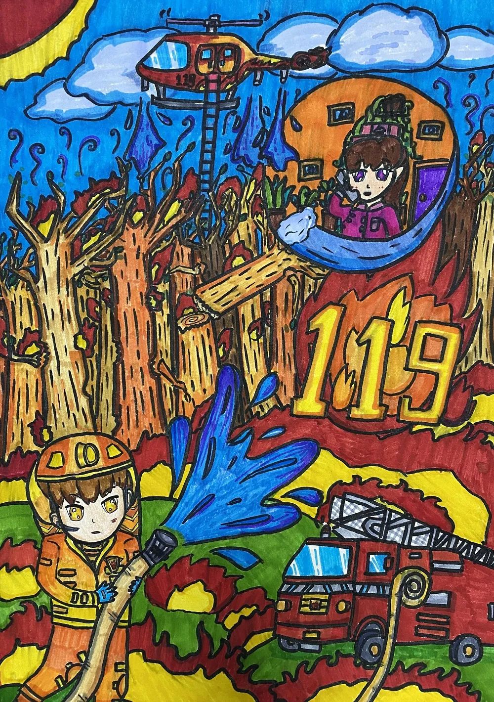 关于消防安全主题儿童画绘画