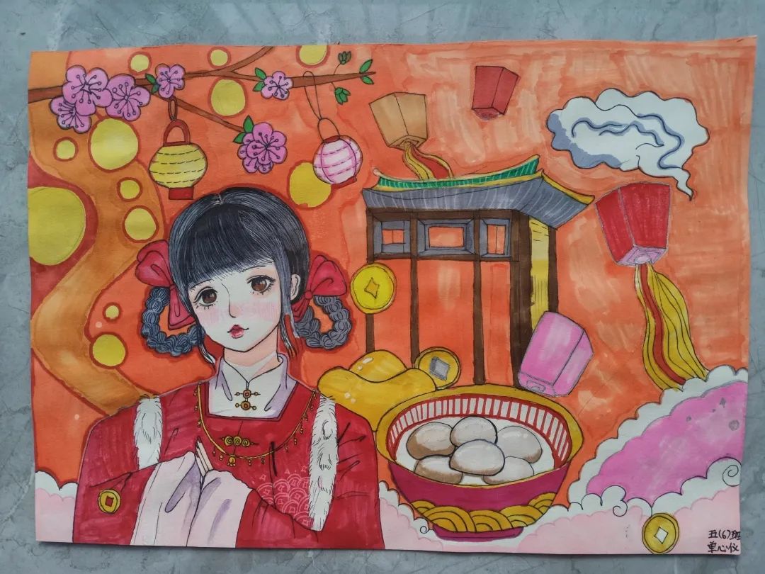元宵节画古风人物的儿童绘画