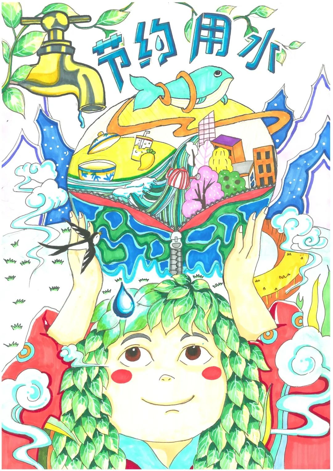 世界水日主题儿童绘画——《节约用水》