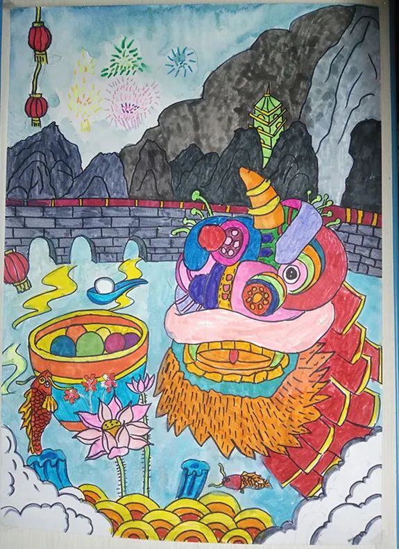 舞狮表演闹元宵主题画优秀作品