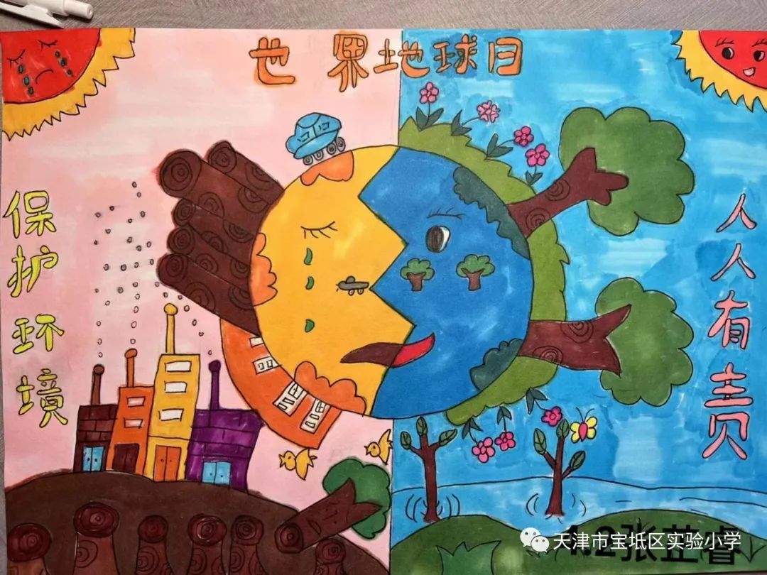 小学世界地球日绘画作品——《保护环境 人人有责》