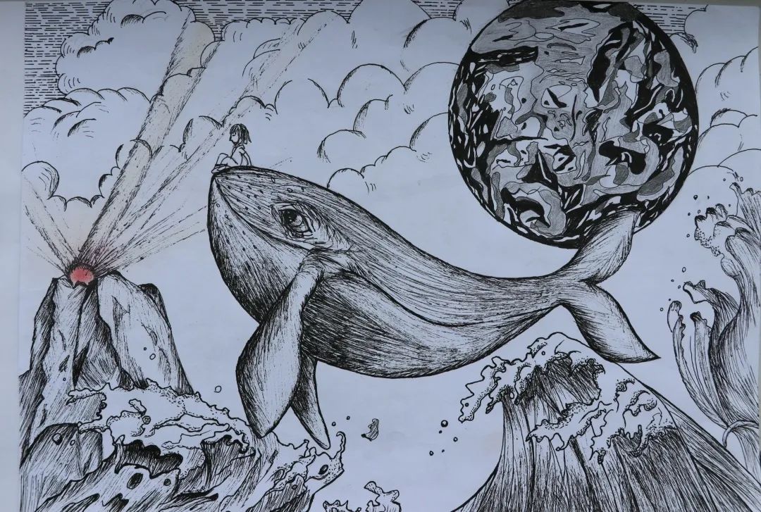 “海洋在呼救”世界地球日场景画儿童画（黑白）