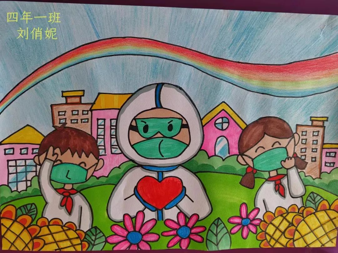 “红领巾致敬抗疫最美抗疫逆行者”儿童画