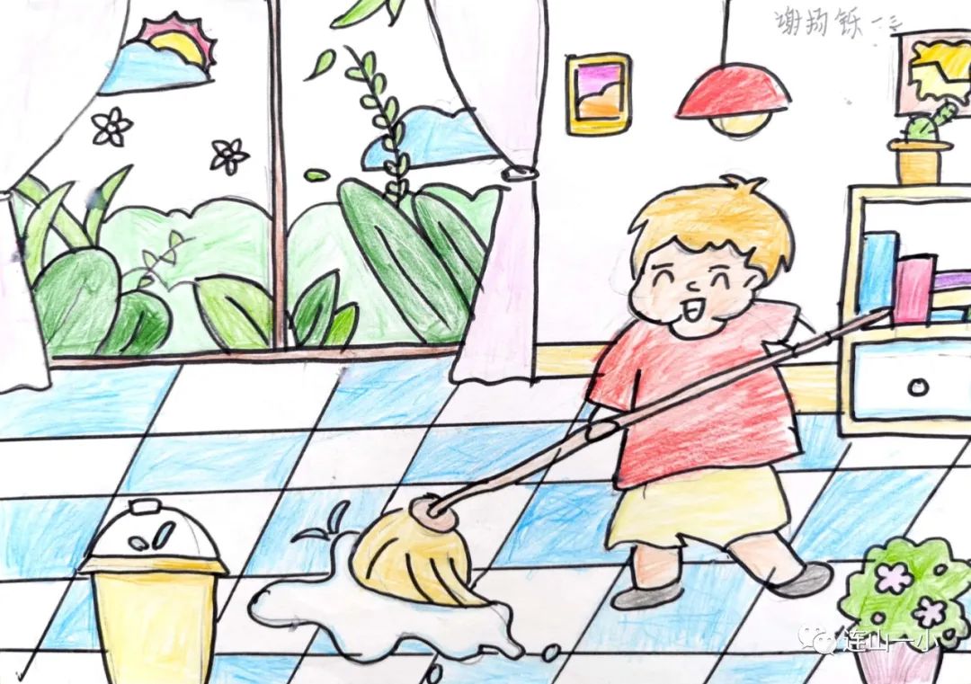劳动节帮妈妈打扫卫生的儿童画