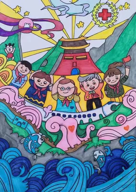 传承五四精神红领巾心向党小学生儿童绘画