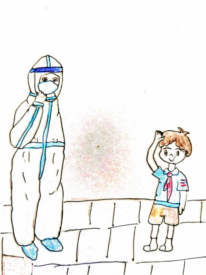红领巾致敬医护人员的儿童画
