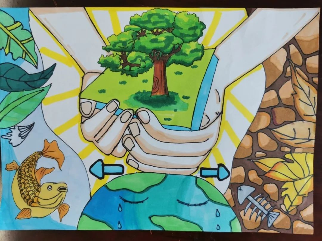 “拥抱绿色 别让地球流泪”主题绘画