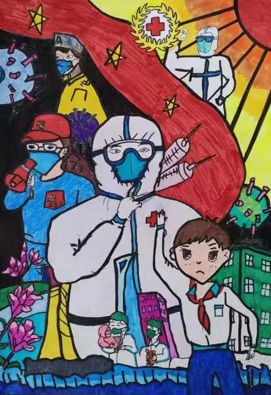以“童心抗疫 红领巾致敬逆行英雄”为主题的画画