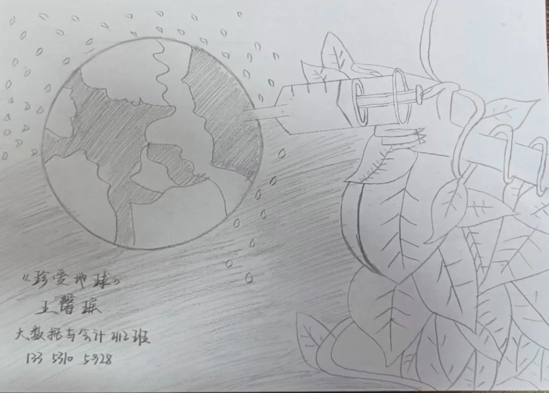 《珍爱地球》青少年素描绘画图片