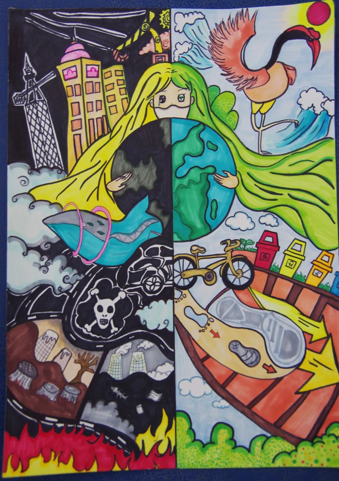 世界地球日女孩拥抱地球绘画优秀作品