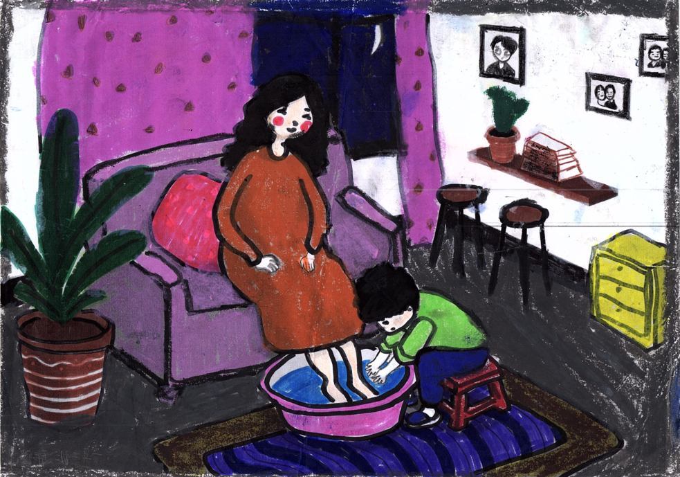 母亲节帮妈妈洗脚的儿童画