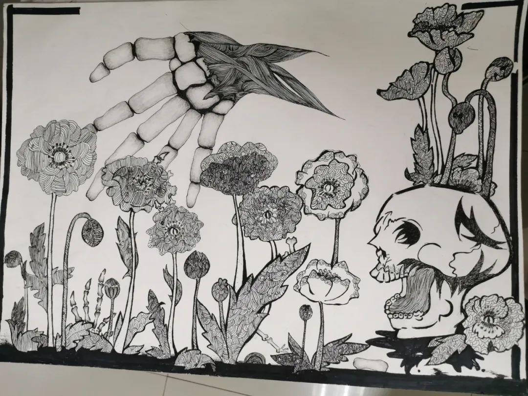 初中国际禁毒日主题儿童绘画作品七（黑白）