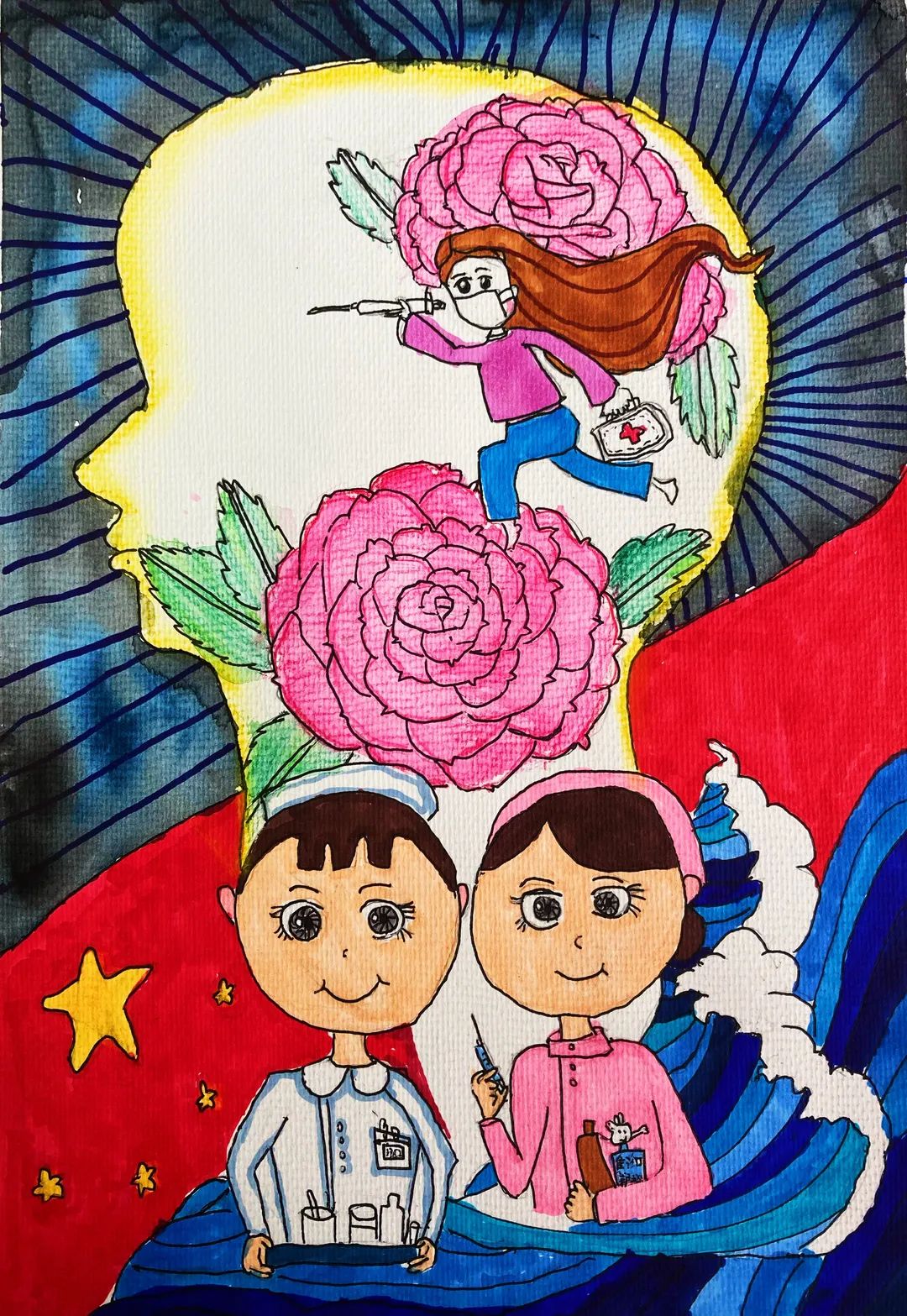 致敬白衣天使们节日快乐的儿童画