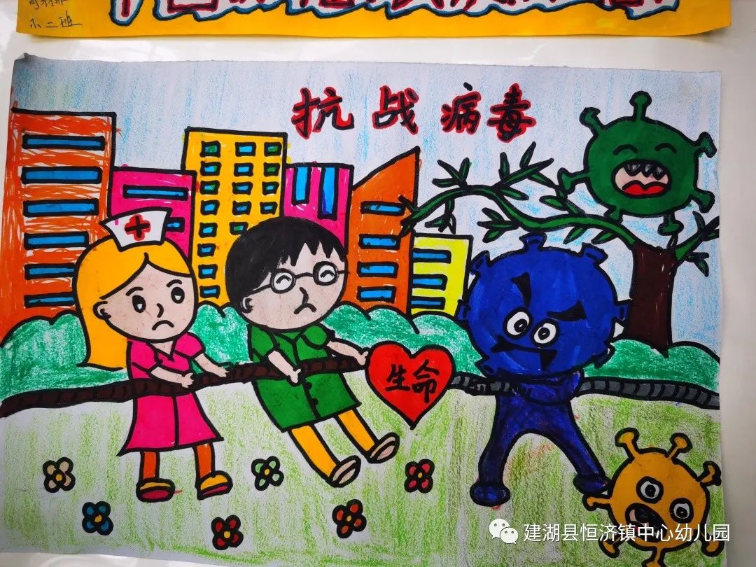 和病毒抗战到底的儿童绘画