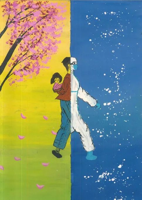 512护士节儿童画精选作品《背着孩子的白衣天使》