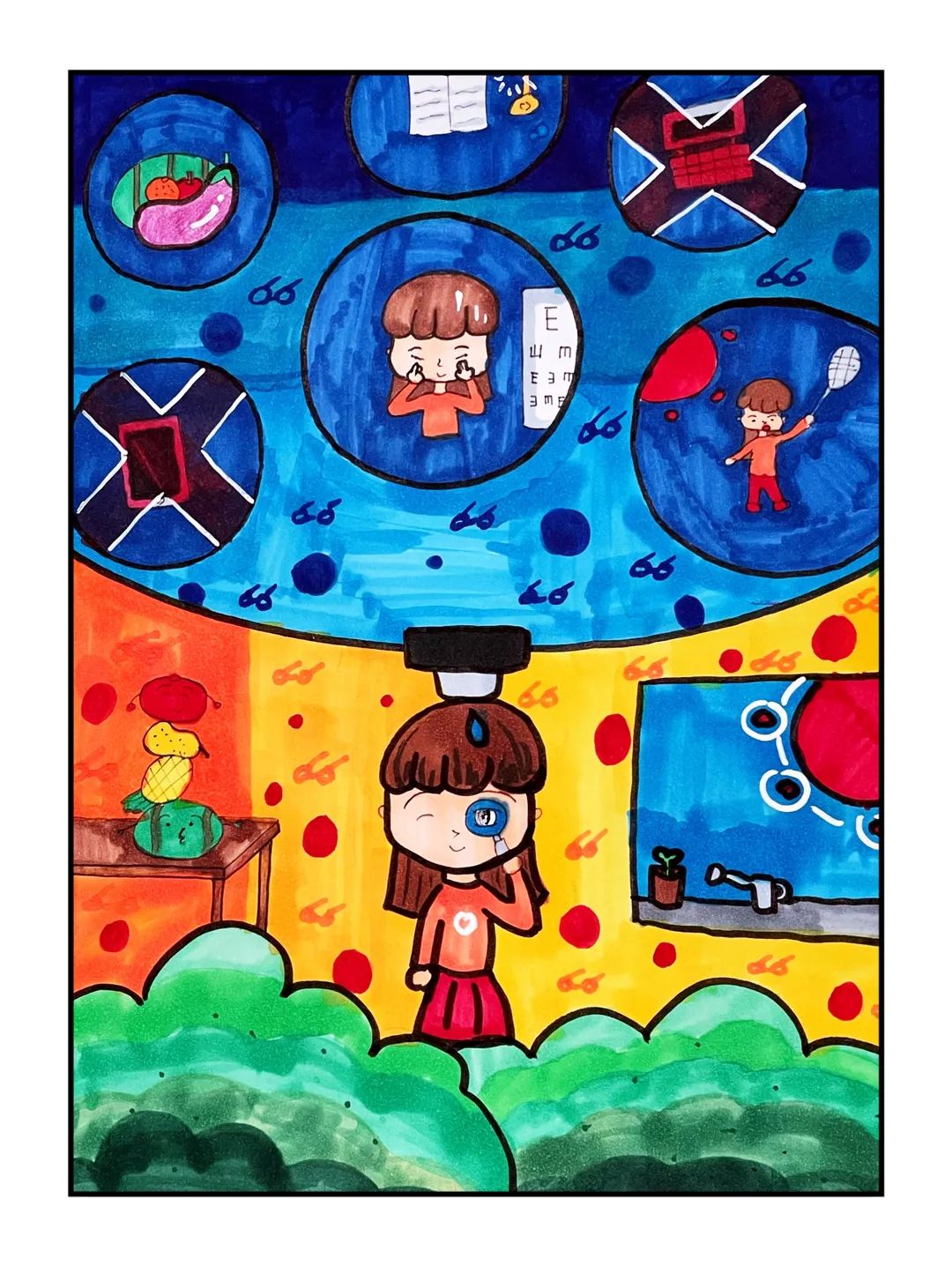 二年级爱眼护眼儿童画《一起来做眼保健操》