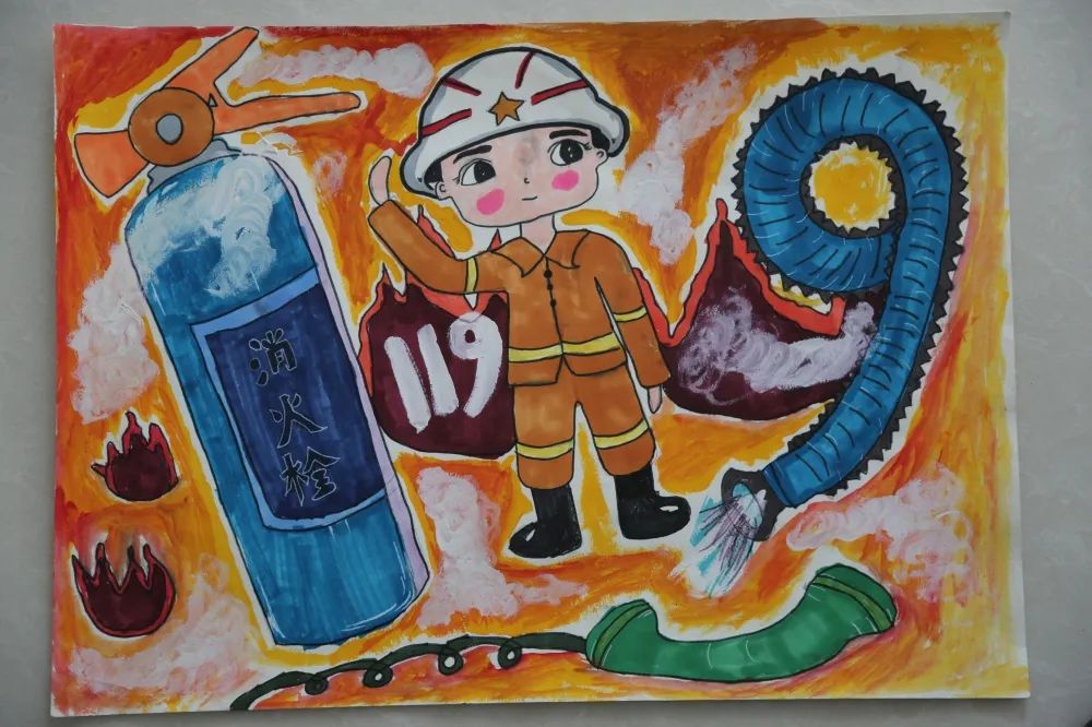 全国消防日儿童画作品《致敬火焰蓝》