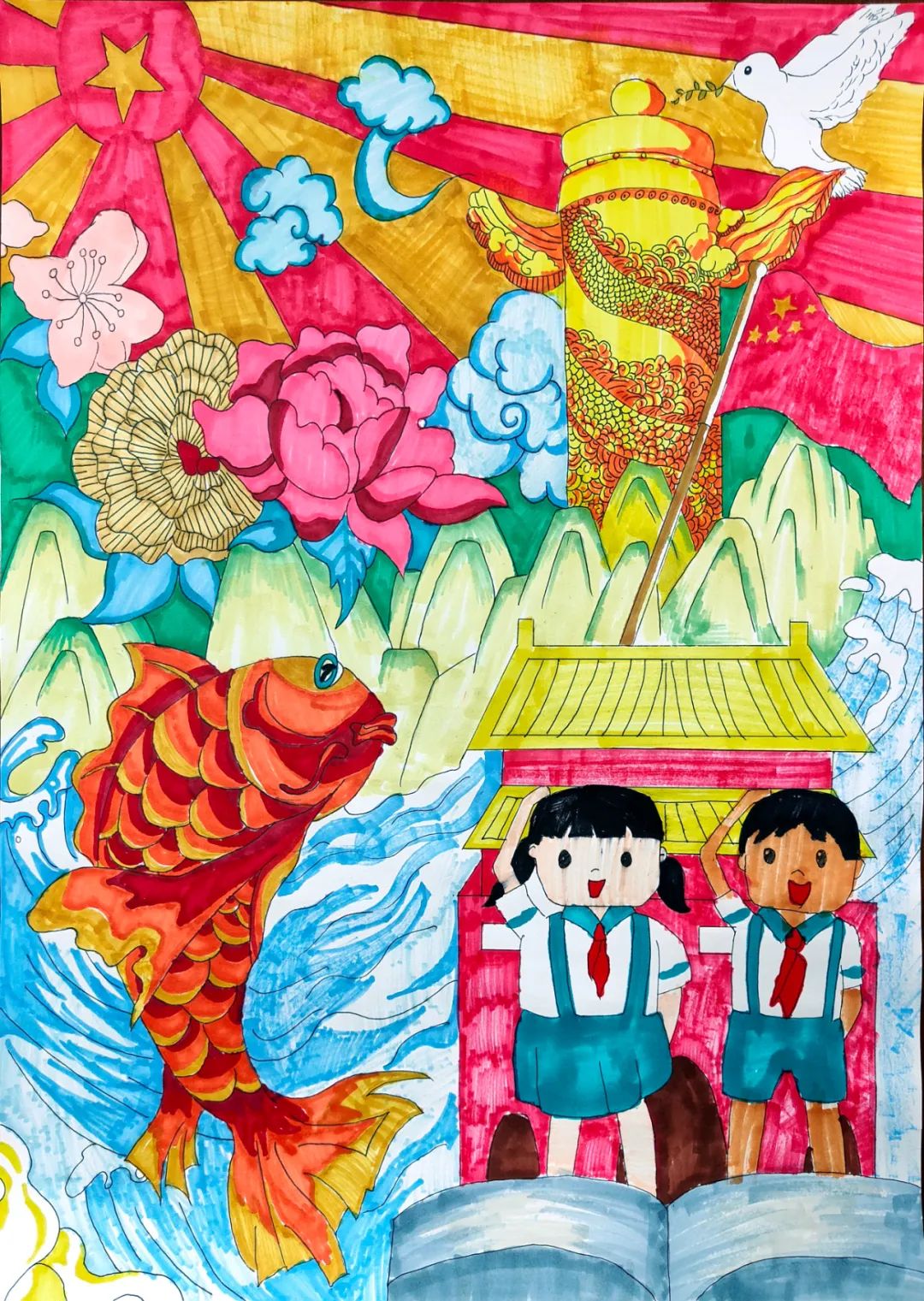 红领巾喜迎国庆节儿童画