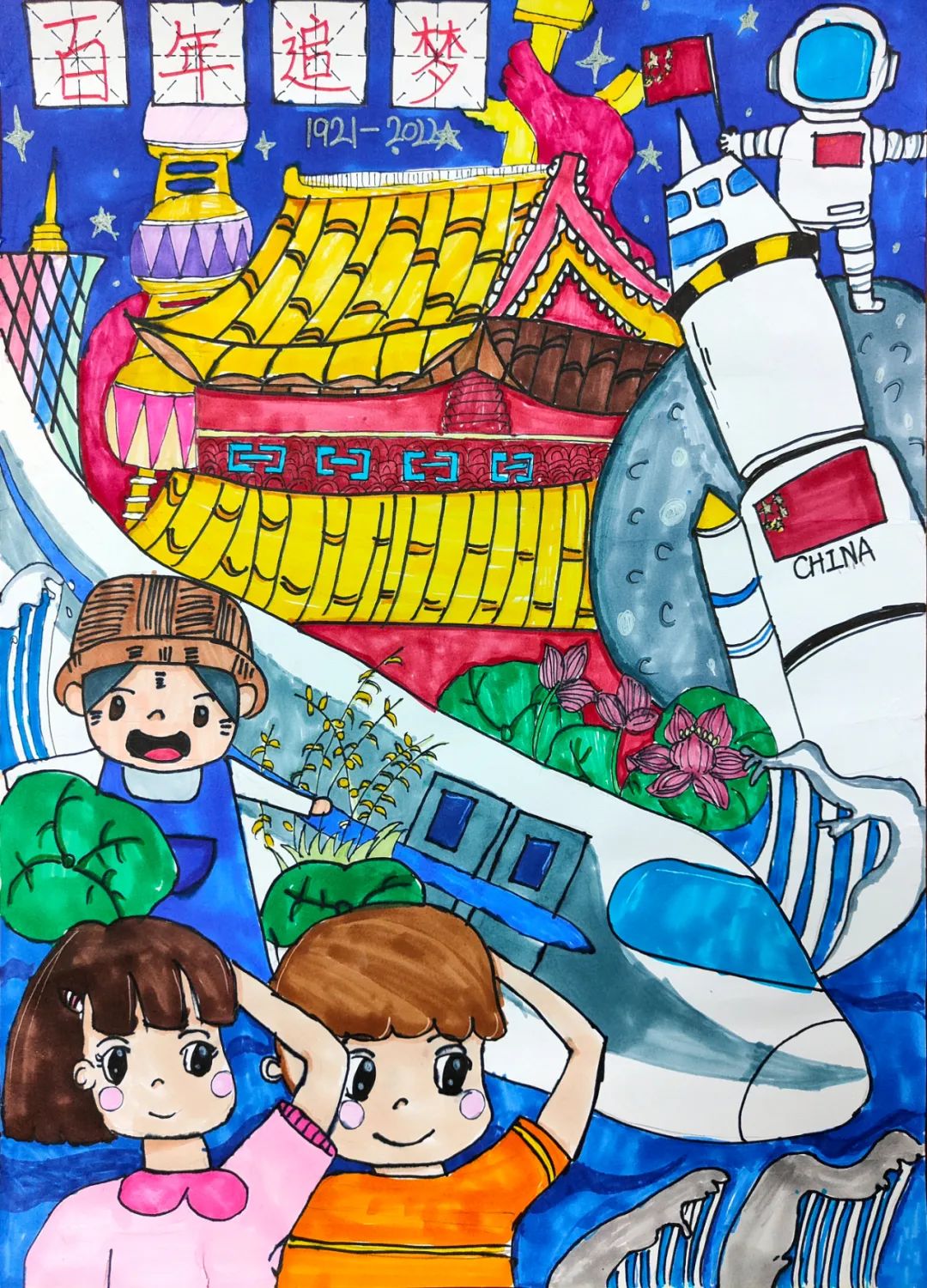 “百年追梦 欢度国庆”儿童画图片