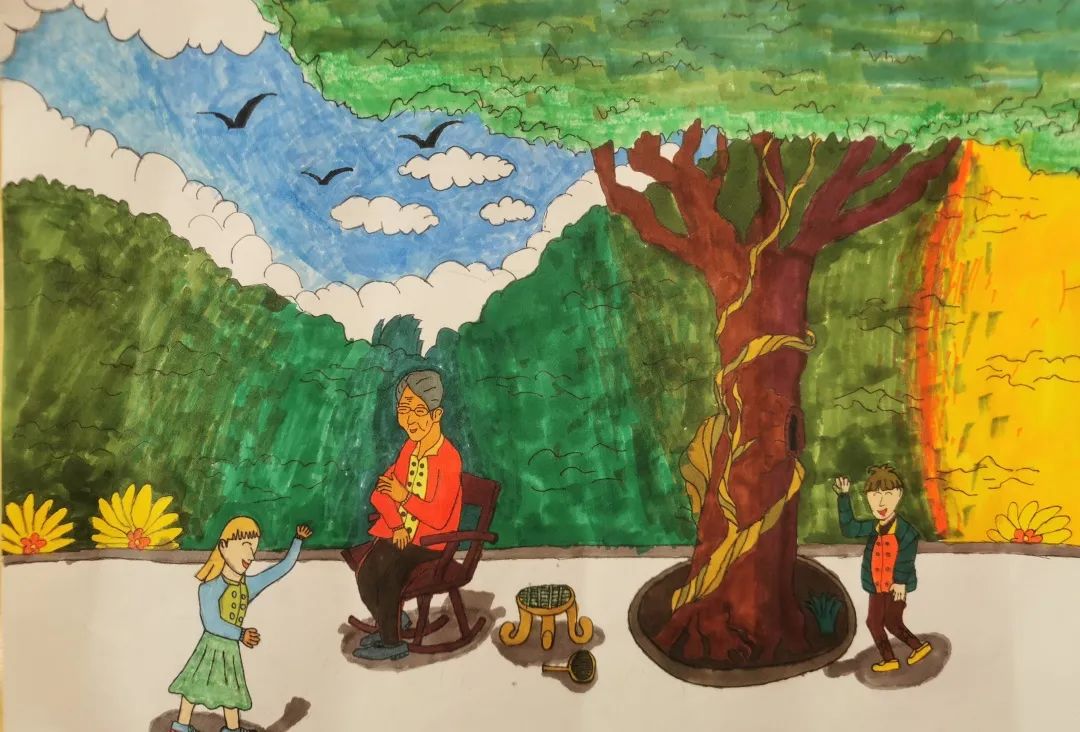 以温馨的一家为主题重阳节儿童画