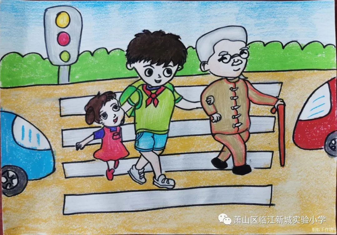 “红领巾扶老人过马路”儿童画