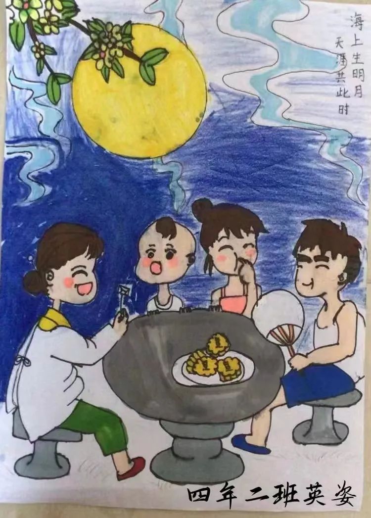 关于中秋节吃月饼团圆的绘画