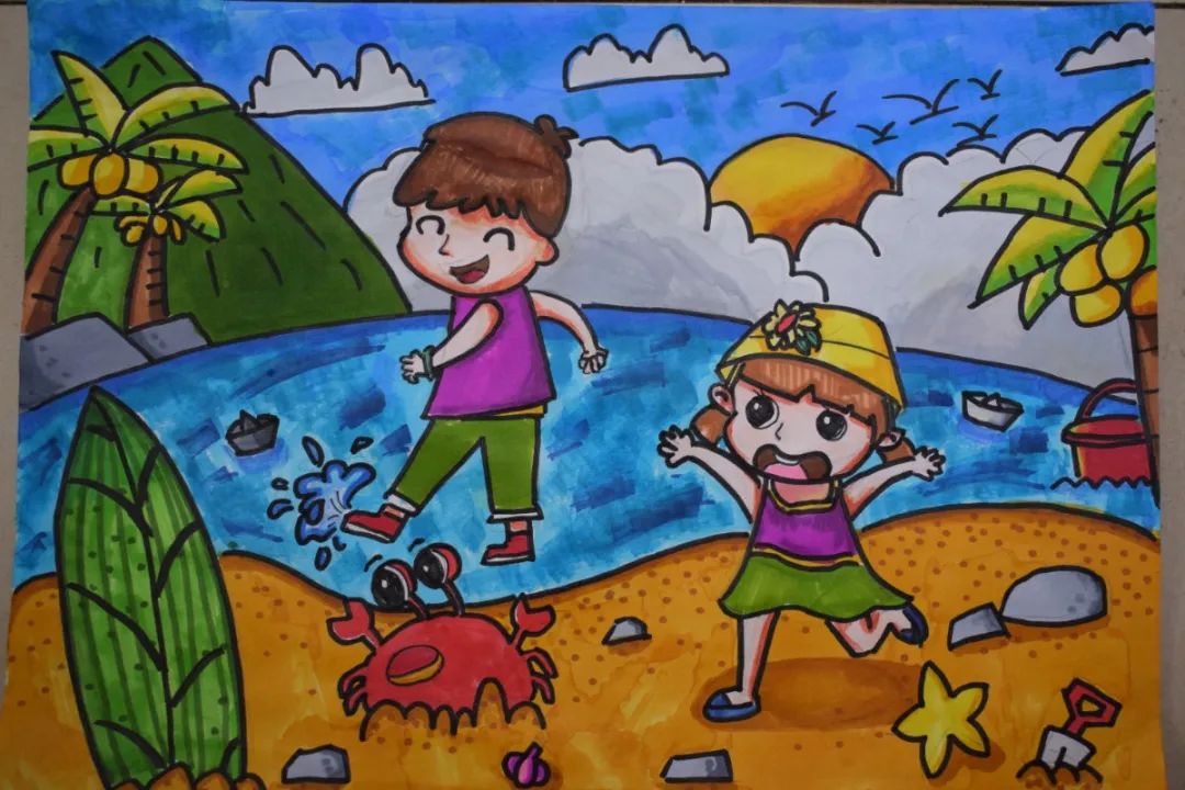 《夏日沙滩》立夏主题绘画作品