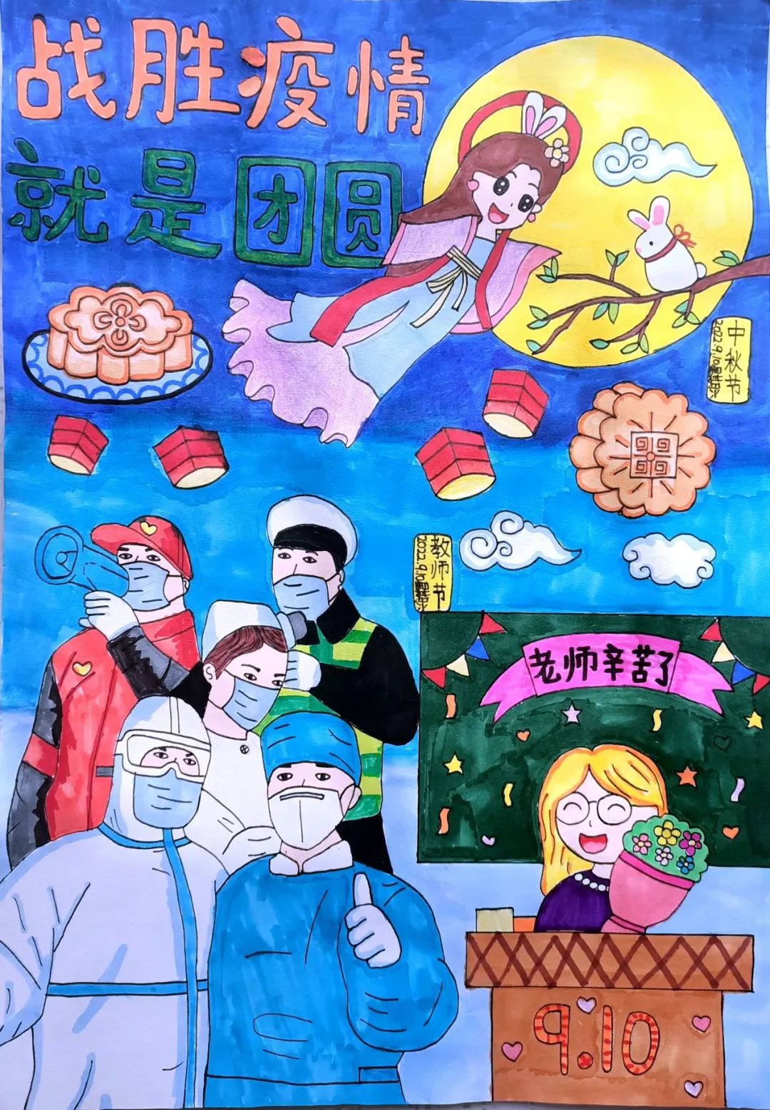 教师抗击疫情主题儿童画